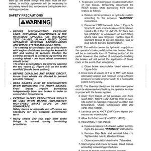 May include: A manual page with instructions for front service brake conditioning. It details safety precautions and procedures for burnishing brake discs, including temperature in Fahrenheit and distances in yards, with warnings.