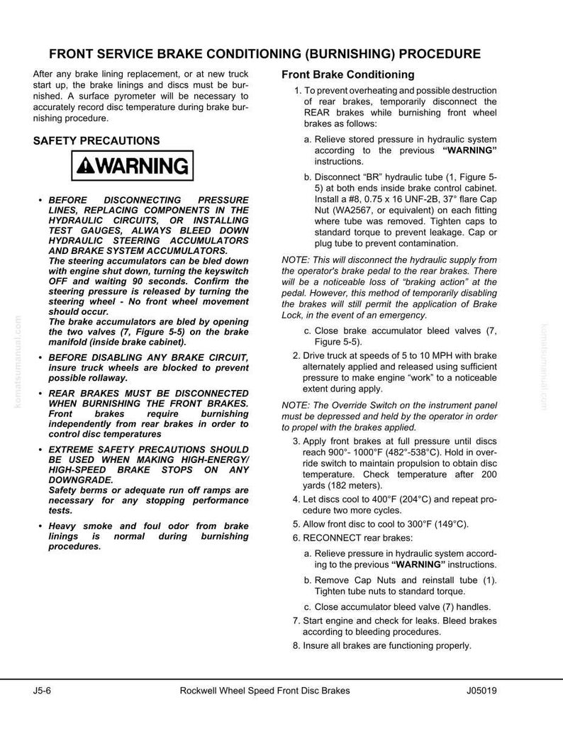 May include: A manual page with instructions for front service brake conditioning. It details safety precautions and procedures for burnishing brake discs, including temperature in Fahrenheit and distances in yards, with warnings.