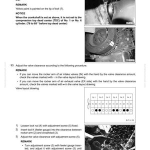 May include: Diagram from a manual detailing engine disassembly and assembly. Includes close-up photos of engine components, diagrams, and instructions for adjusting valve clearance. Text includes measurements in millimetres.