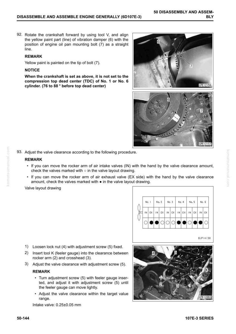 May include: Diagram from a manual detailing engine disassembly and assembly. Includes close-up photos of engine components, diagrams, and instructions for adjusting valve clearance. Text includes measurements in millimetres.