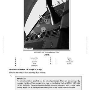 Puede incluir: Diagrama de un componente de veh&iacute;culo con el texto "ZX1050481-UN: Remove Exhaust Filter". La imagen muestra un tubo de escape, tornillos y otras piezas. Se incluyen instrucciones para quitar el conjunto del filtro de escape.