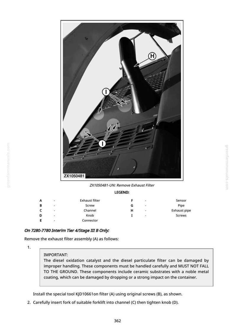 Puede incluir: Diagrama de un componente de veh&iacute;culo con el texto "ZX1050481-UN: Remove Exhaust Filter". La imagen muestra un tubo de escape, tornillos y otras piezas. Se incluyen instrucciones para quitar el conjunto del filtro de escape.