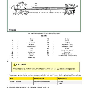 Puede incluir: Diagrama t&eacute;cnico de un cilindro de cuchara, con etiquetas para piezas como el cuerpo, la varilla y la culata, as&iacute; como varias juntas y anillos. El diagrama incluye una advertencia y una tabla que muestra el peso del cilindro, aproximadamente 110 kg.