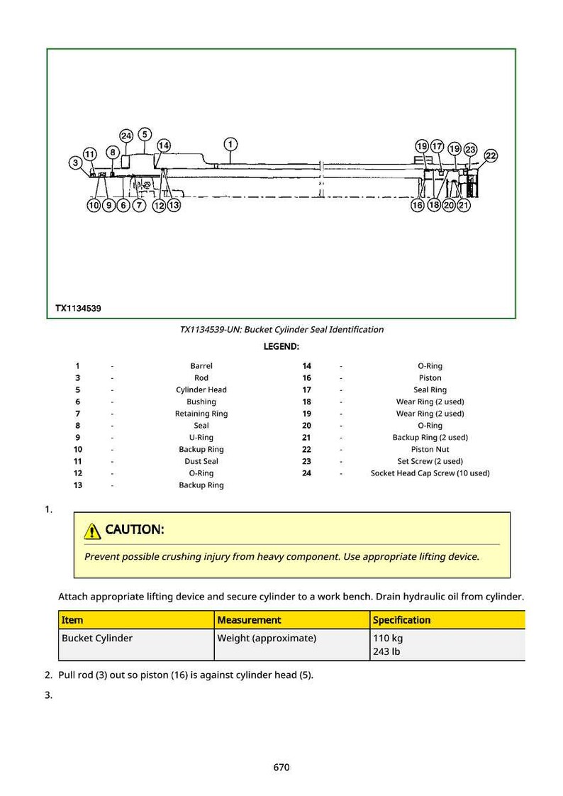 Puede incluir: Diagrama t&eacute;cnico de un cilindro de cuchara, con etiquetas para piezas como el cuerpo, la varilla y la culata, as&iacute; como varias juntas y anillos. El diagrama incluye una advertencia y una tabla que muestra el peso del cilindro, aproximadamente 110 kg.
