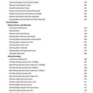 May include: A detailed table of contents from a manual, listing automotive repair procedures. Sections include fuel system, electrical repair, and wiring harnesses. Page numbers are listed to the right of each item. The text is in black on a white background.