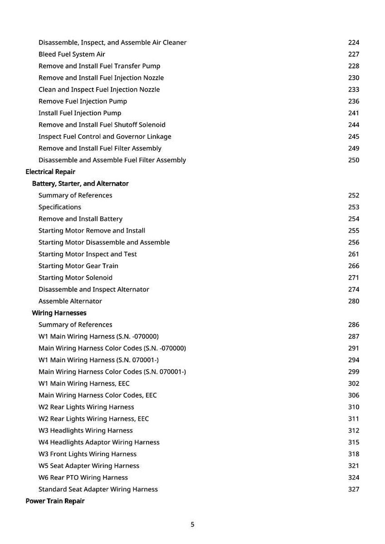 May include: A detailed table of contents from a manual, listing automotive repair procedures. Sections include fuel system, electrical repair, and wiring harnesses. Page numbers are listed to the right of each item. The text is in black on a white background.