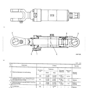 May include: Technical diagram of a lift cylinder, showing top and side views of the component. The image includes a table with measurements and tolerances in millimetres. Text includes "Maintenance Standard" and "Lift Cylinder".
