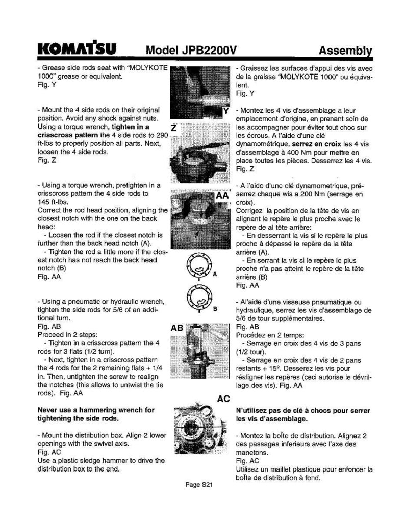 Op de afbeelding: Montage-instructies voor Komatsu Model JPB2200V. De afbeelding toont diagrammen en tekst met details over de stappen voor het monteren van de machine, inclusief momentsleutelinstellingen en aandraaiprocedures. Pagina S21.