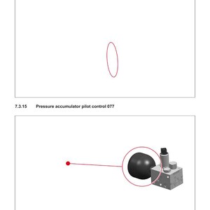 May include: Diagram of hydraulic components with labels. The image includes a red oval and a diagram of a pressure accumulator pilot control with a black component and a red line. Text includes "Hydraulics" and "Hydraulic oil cooler 027".