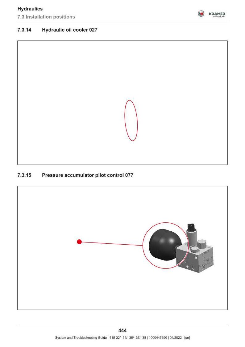 May include: Diagram of hydraulic components with labels. The image includes a red oval and a diagram of a pressure accumulator pilot control with a black component and a red line. Text includes "Hydraulics" and "Hydraulic oil cooler 027".