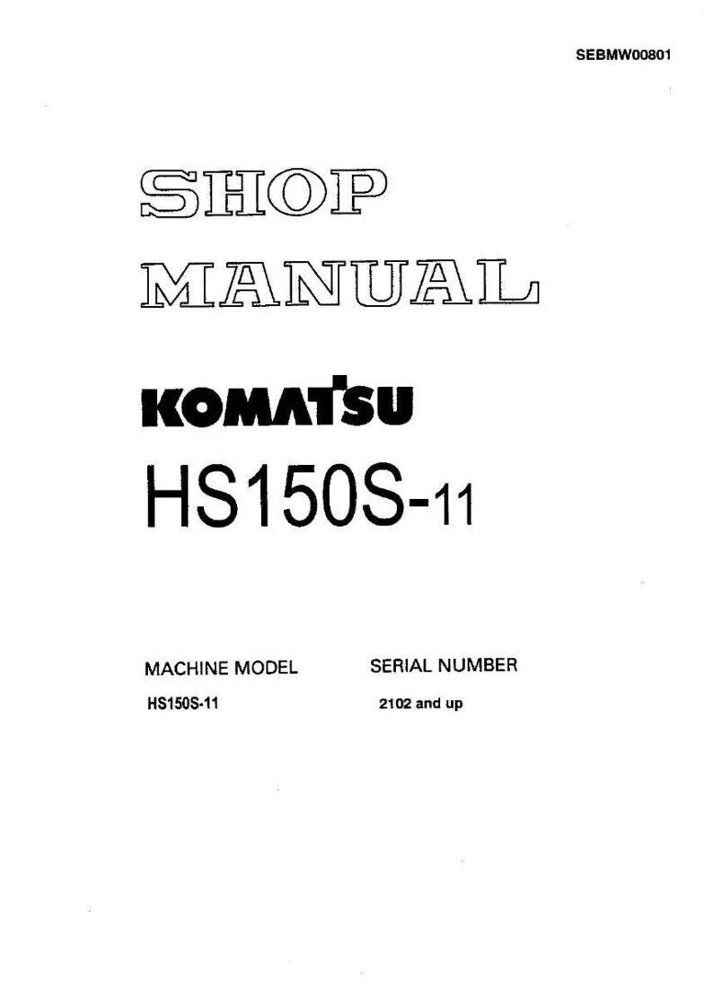 Puede incluir: Un manual de taller blanco con el texto "SHOP MANUAL" en negrita. Debajo, la marca "KOMATSU" se muestra en negro, seguida de "HS150S-11". El documento tambi&eacute;n incluye informaci&oacute;n sobre el "MACHINE MODEL" y el "SERIAL NUMBER".