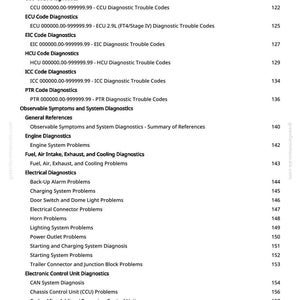 Pu&ograve; includere: Una pagina di manuale con un sommario. Il testo include argomenti come "Codici di guasto diagnostici", "Diagnostica del motore" e "Diagnostica elettrica". I numeri di pagina sono elencati a destra.