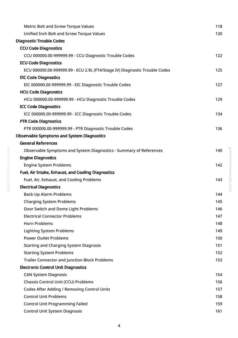 Pu&ograve; includere: Una pagina di manuale con un sommario. Il testo include argomenti come "Codici di guasto diagnostici", "Diagnostica del motore" e "Diagnostica elettrica". I numeri di pagina sono elencati a destra.