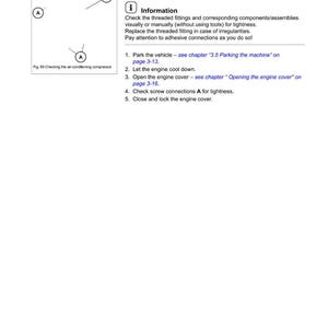 Puede incluir: Una p&aacute;gina de un manual de mantenimiento que detalla c&oacute;mo comprobar los racores roscados del compresor del aire acondicionado. La p&aacute;gina incluye un diagrama, instrucciones y el texto "Checking the air-conditioning compressor threaded fittings."