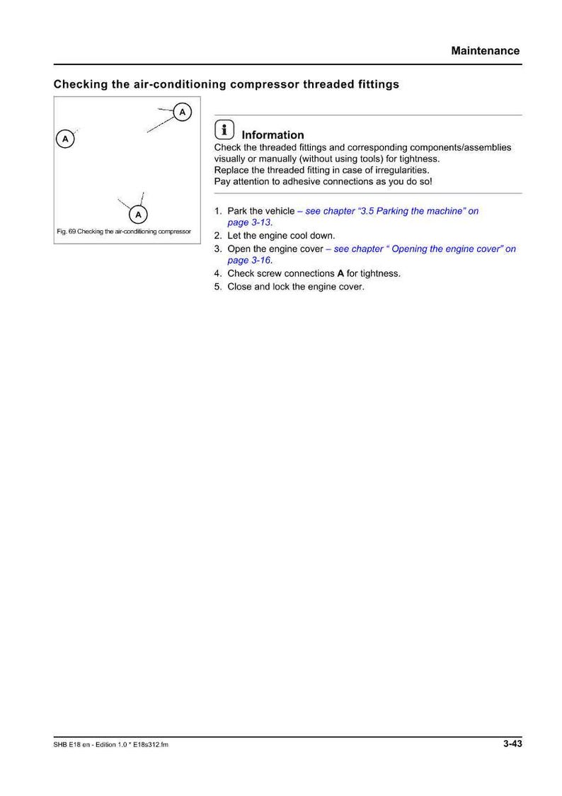 Puede incluir: Una p&aacute;gina de un manual de mantenimiento que detalla c&oacute;mo comprobar los racores roscados del compresor del aire acondicionado. La p&aacute;gina incluye un diagrama, instrucciones y el texto "Checking the air-conditioning compressor threaded fittings."