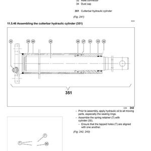 Puede incluir: Diagrama t&eacute;cnico de un cilindro hidr&aacute;ulico de barra de corte (351), con etiquetas para componentes como el pist&oacute;n, anillo de seguridad y cilindros. Incluye instrucciones de montaje.