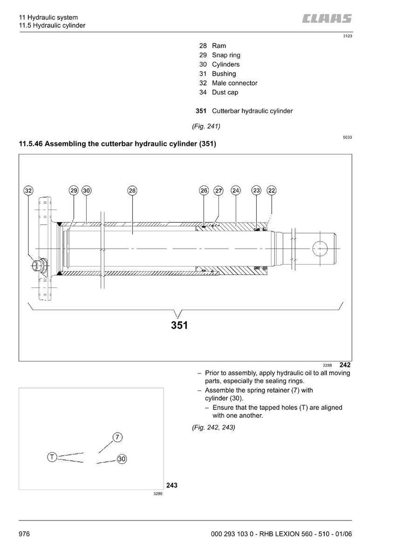Puede incluir: Diagrama t&eacute;cnico de un cilindro hidr&aacute;ulico de barra de corte (351), con etiquetas para componentes como el pist&oacute;n, anillo de seguridad y cilindros. Incluye instrucciones de montaje.