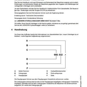 Puede incluir: Documento blanco con texto en alem&aacute;n, titulado "Servicehandbuch" y "Handhabung". Incluye diagramas y una secci&oacute;n titulada "4 Handhabung". El documento es de LIEBHERR-HYDRAULIKBAGGER GMBH.