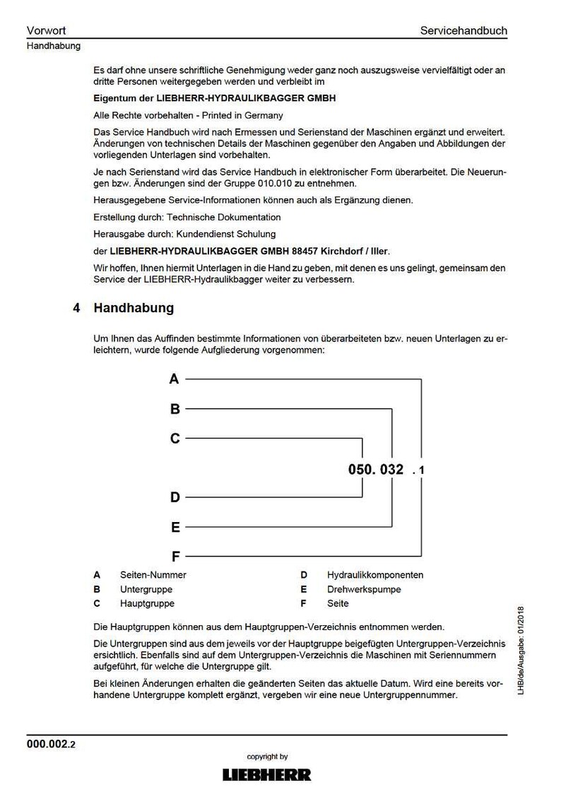 Puede incluir: Documento blanco con texto en alem&aacute;n, titulado "Servicehandbuch" y "Handhabung". Incluye diagramas y una secci&oacute;n titulada "4 Handhabung". El documento es de LIEBHERR-HYDRAULIKBAGGER GMBH.