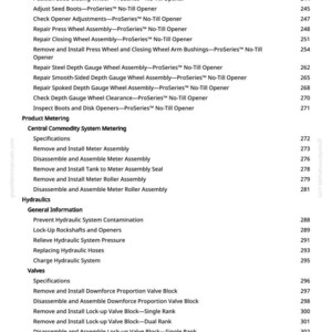 Puede incluir: Un &iacute;ndice detallado de un manual, con varios procedimientos de mantenimiento de equipos agr&iacute;colas. El texto incluye instrucciones para abridores, medidores de profundidad y sistemas hidr&aacute;ulicos, con n&uacute;meros de p&aacute;gina para facilitar la referencia.