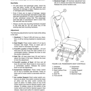 May include: Diagram of a passenger seat with numbered controls for adjustment. Features include headrest, seat height, cushion position, tilt, and lumbar support. Includes seat belt and backrest angle adjustments. Text details adjustment instructions.