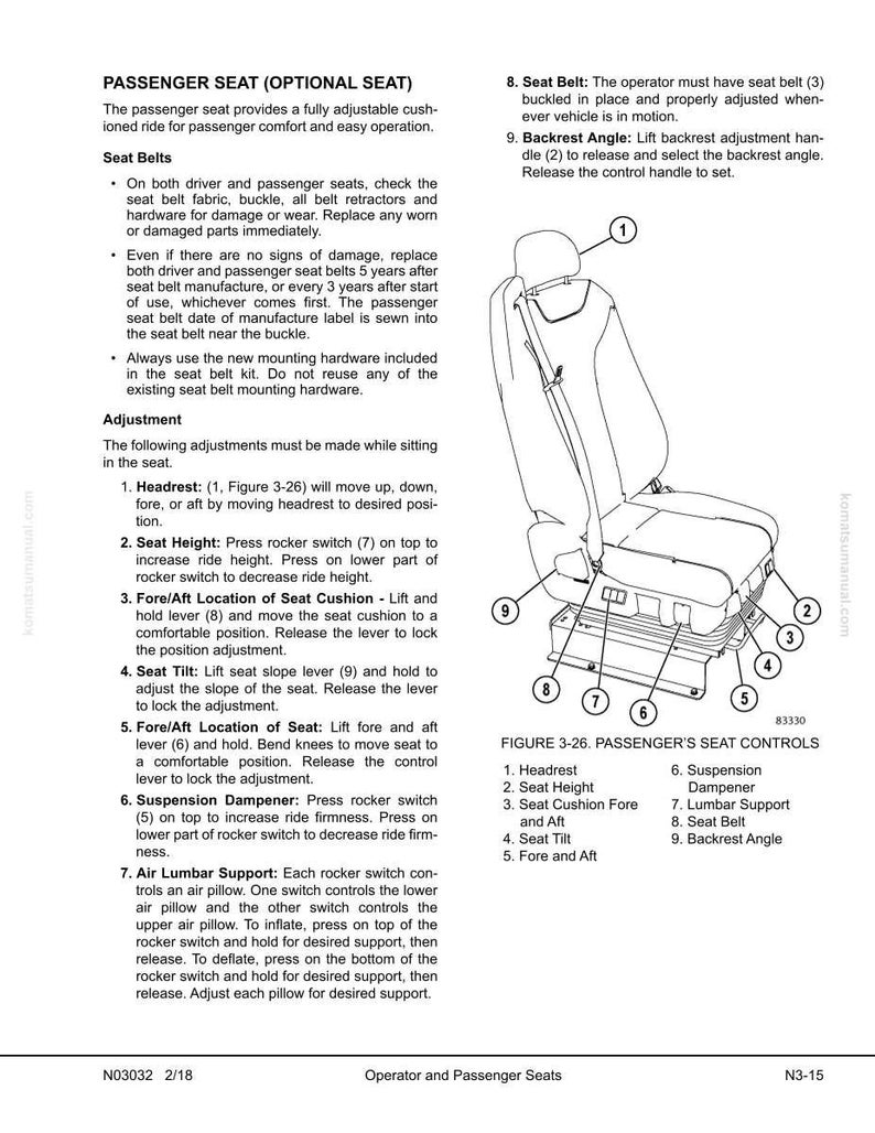 May include: Diagram of a passenger seat with numbered controls for adjustment. Features include headrest, seat height, cushion position, tilt, and lumbar support. Includes seat belt and backrest angle adjustments. Text details adjustment instructions.