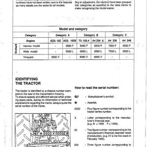 May include: A page from a manual detailing tractor models and categories. It includes tables with engine types and model numbers, along with instructions on identifying the tractor and reading the serial number. The text is in black on a white background.