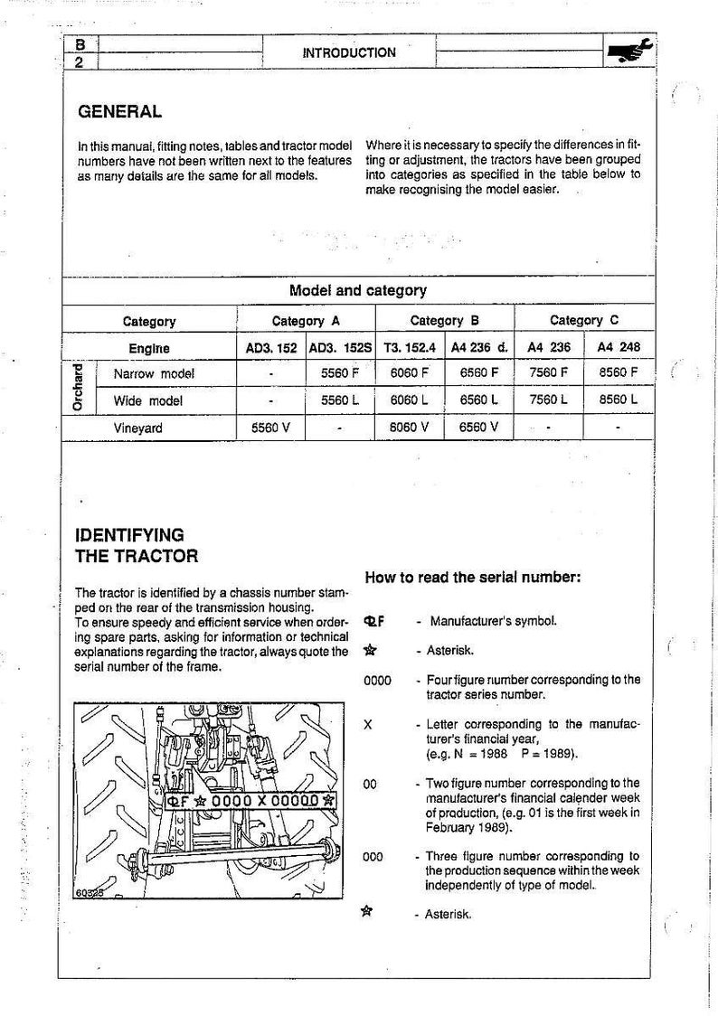 May include: A page from a manual detailing tractor models and categories. It includes tables with engine types and model numbers, along with instructions on identifying the tractor and reading the serial number. The text is in black on a white background.