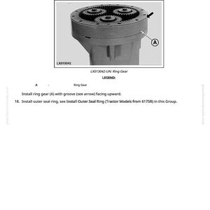 Może przedstawiać: Schemat techniczny przekładni pierścieniowej z tekstem "LX013042-UN: Ring Gear" i instrukcjami instalacji. Obraz jest techniczną ilustracją z instrukcji.
