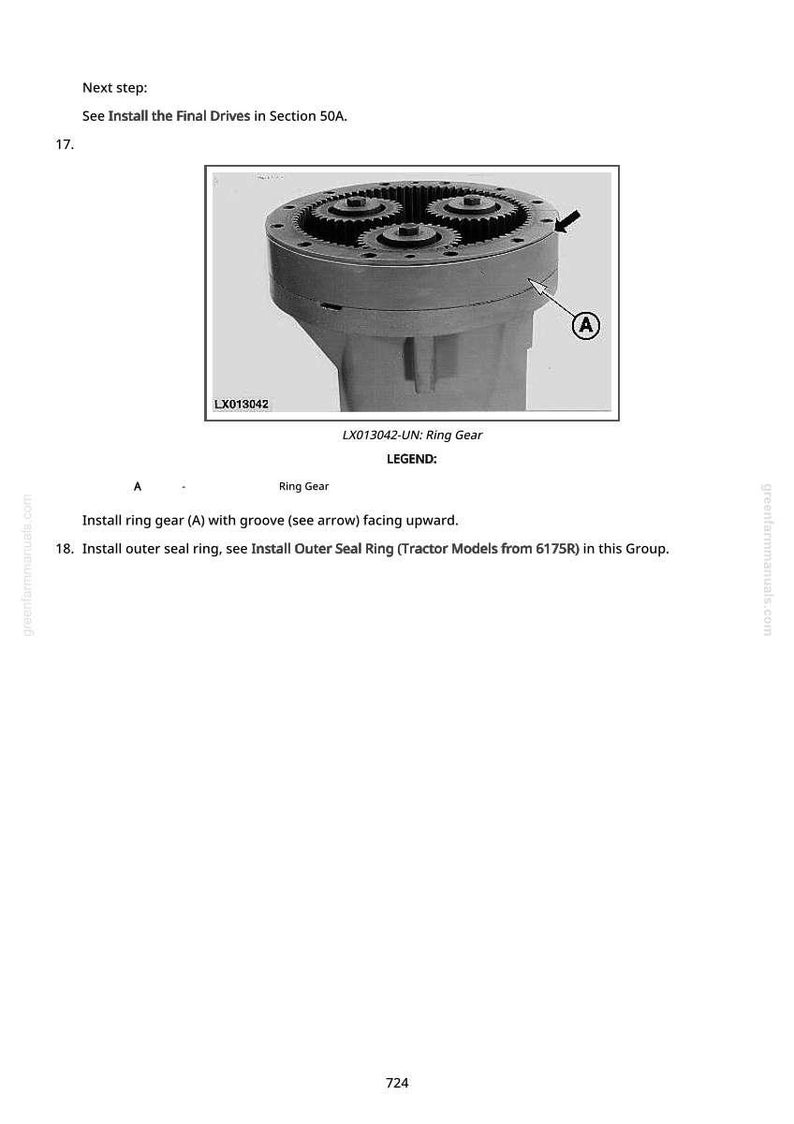 Może przedstawiać: Schemat techniczny przekładni pierścieniowej z tekstem "LX013042-UN: Ring Gear" i instrukcjami instalacji. Obraz jest techniczną ilustracją z instrukcji.