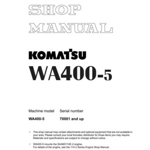 Może przedstawiać: Biała instrukcja warsztatowa z napisem "SHOP MANUAL" na g&oacute;rze. Logo Komatsu i "WA400-5" są wyświetlane pogrubioną czcionką. Model maszyny i numer seryjny są wymienione poniżej. Wydrukowano w Japonii.