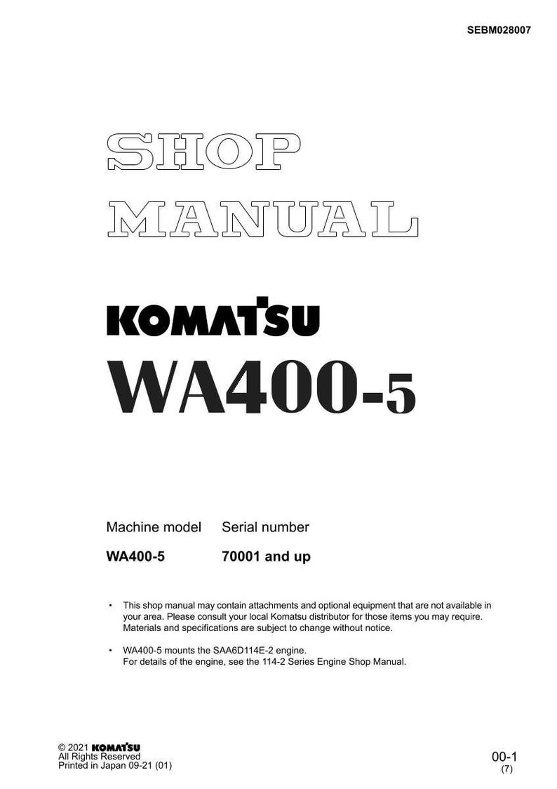 Może przedstawiać: Biała instrukcja warsztatowa z napisem "SHOP MANUAL" na g&oacute;rze. Logo Komatsu i "WA400-5" są wyświetlane pogrubioną czcionką. Model maszyny i numer seryjny są wymienione poniżej. Wydrukowano w Japonii.