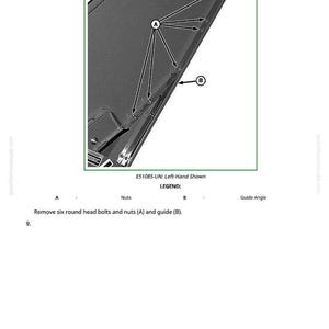May include: Diagram of a mechanical component with arrows pointing to bolts and nuts. Text reads "E51085-UN: Left-Hand Shown" and "Remove six round head bolts and nuts (A) and guide (B)."