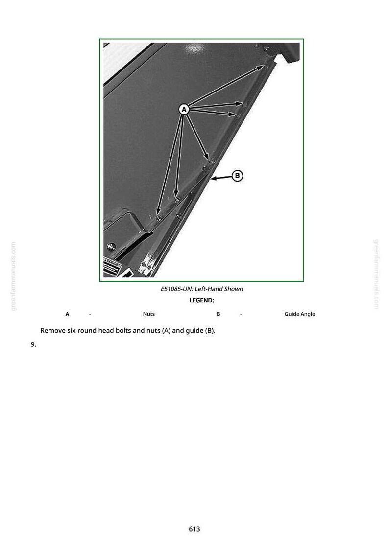 May include: Diagram of a mechanical component with arrows pointing to bolts and nuts. Text reads "E51085-UN: Left-Hand Shown" and "Remove six round head bolts and nuts (A) and guide (B)."