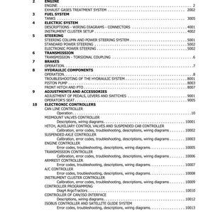 K&ouml;nnte beinhalten: Inhaltsverzeichnis-Seite eines Handbuchs, mit Abschnitten f&uuml;r Motor, Kraftstoffsystem, Elektrik, Lenkung, Getriebe, Bremsen, Hydraulik, Einstellungen und elektronische Steuerungen. Ausgabe 01-2016.