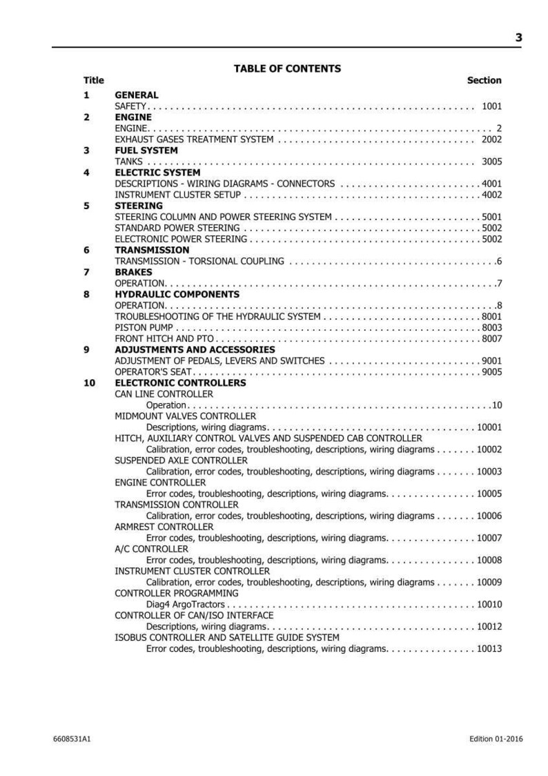 K&ouml;nnte beinhalten: Inhaltsverzeichnis-Seite eines Handbuchs, mit Abschnitten f&uuml;r Motor, Kraftstoffsystem, Elektrik, Lenkung, Getriebe, Bremsen, Hydraulik, Einstellungen und elektronische Steuerungen. Ausgabe 01-2016.