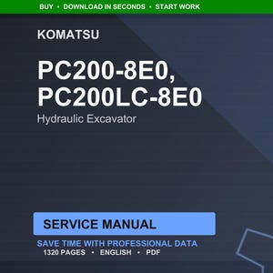 Op de afbeelding: Een digitale servicehandleiding voor Komatsu PC200-8E0 en PC200LC-8E0 hydraulische graafmachines. De omslag is donkerblauw met witte tekst, inclusief het Komatsu-logo en de woorden "Service Manual". De handleiding bevat 1320 pagina's.