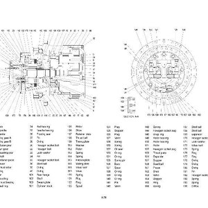 Peut inclure: Diagramme technique d'un moteur de d&eacute;placement, avec des sch&eacute;mas d&eacute;taill&eacute;s et des composants &eacute;tiquet&eacute;s. L'image comprend deux vues principales, l'une montrant une vue &eacute;clat&eacute;e et l'autre une vue en coupe, avec de nombreuses pi&egrave;ces identifi&eacute;es par des num&eacute;ros.
