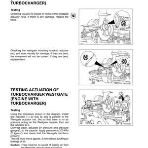 May include: Diagrams and text detailing the testing and adjustment of a turbocharger westgate capsule. Includes illustrations of the westgate actuator hose, mounting bracket, and actuator rod. Measurements are in millimeters and kilopascals.