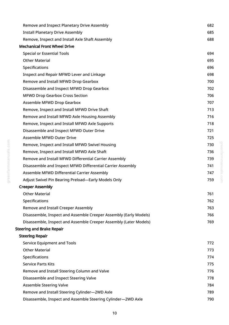 May include: A manual page detailing automotive repair procedures. Sections include "Mechanical Front Wheel Drive" and "Steering and Brake Repair." The text is black on white, with page numbers on the right-hand side.