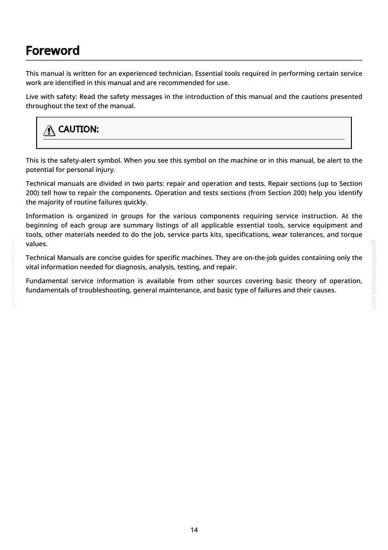 May include: A page from a technical manual with the heading "Foreword." The text includes safety warnings, instructions for experienced technicians, and information on repair and operation. A "CAUTION" symbol is visible.