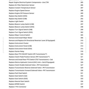 May include: A page from a manual detailing electrical system components. The text lists various parts like sensors, switches, and relays, along with page numbers. The document is printed on white paper.