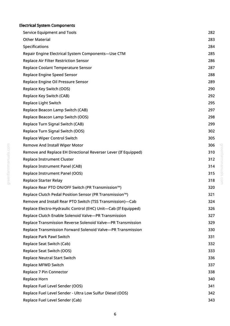 May include: A page from a manual detailing electrical system components. The text lists various parts like sensors, switches, and relays, along with page numbers. The document is printed on white paper.