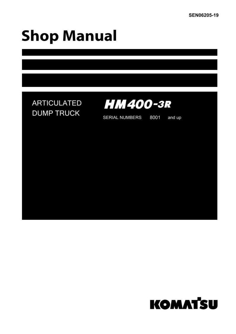 May include: A white manual cover with black text. The title "Shop Manual" is at the top. Below, the text reads "ARTICULATED DUMP TRUCK HM400-3R SERIAL NUMBERS 8001 and up." The Komatsu logo is at the bottom.
