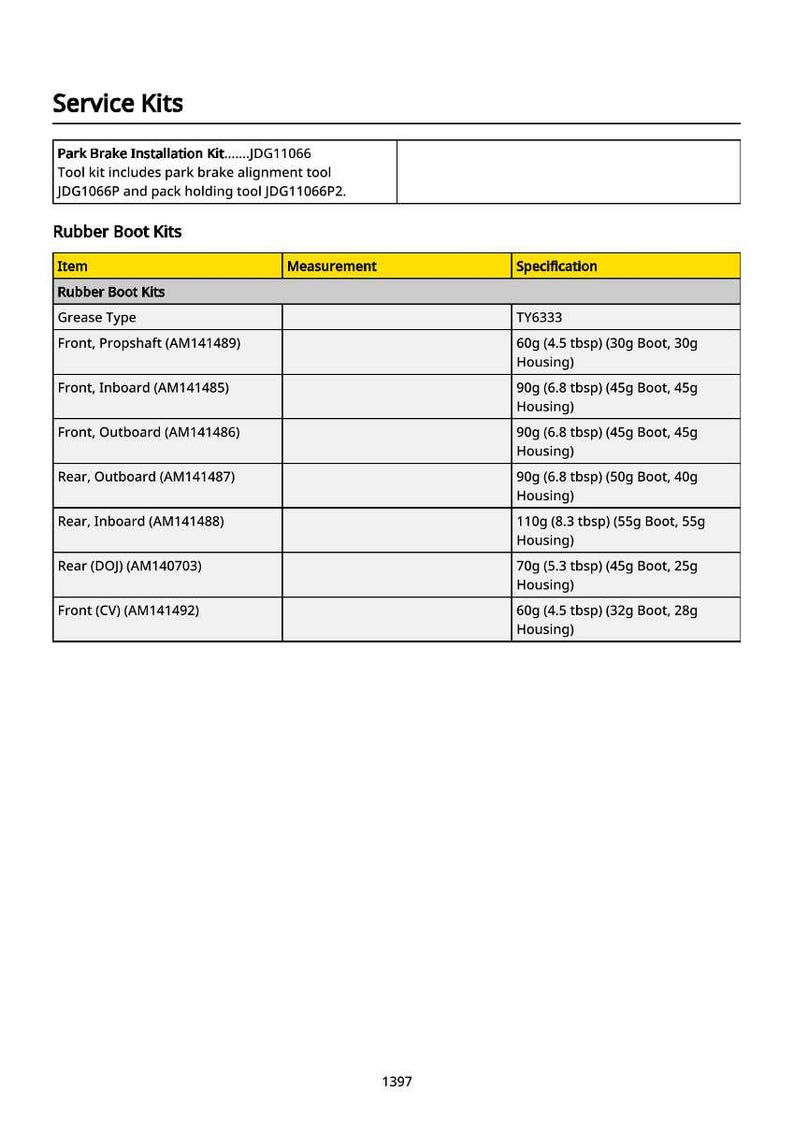 May include: A detailed table of Rubber Boot Kits, including measurements and specifications. The table lists items like Front Propshaft, Front Inboard, and Rear Outboard, with measurements in grams and tablespoons. The image also includes a Park Brake Installation Kit.