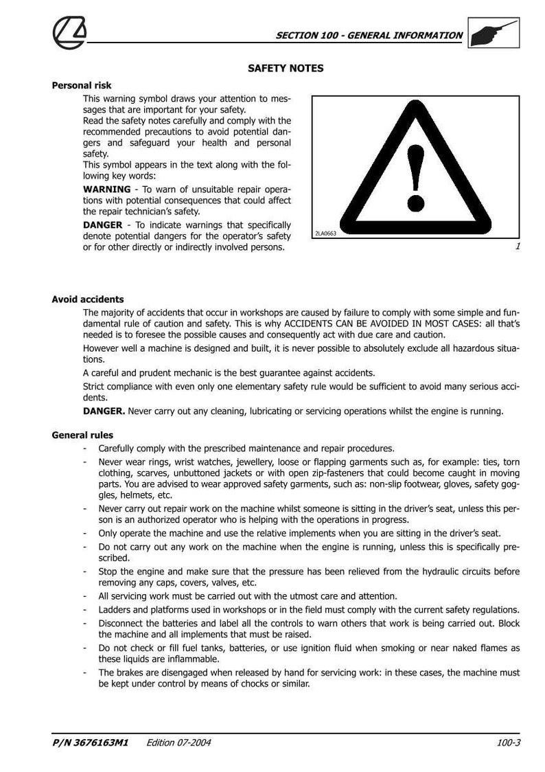 May include: A page from a manual with the title "SAFETY NOTES" and a warning symbol. The text includes safety instructions, warnings, and general rules for maintenance and repair procedures. The document is dated 07-2004.
