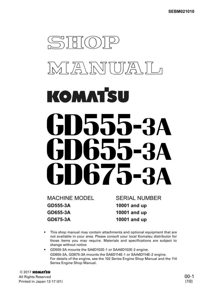 Op de afbeelding: Een werkplaatshandboek met het Komatsu-logo en de modelnummers GD555-3A, GD655-3A en GD675-3A. De tekst bevat informatie over het machinemodel en het serienummer, evenals copyrightgegevens en afdrukgegevens.