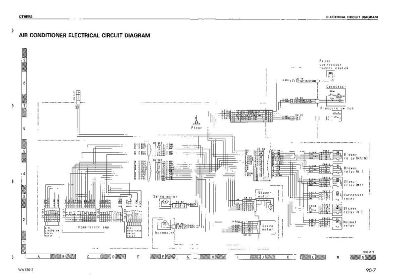 Pu&ograve; includere: Schema elettrico del condizionatore d'aria. Il diagramma in bianco e nero presenta numerose linee, riquadri ed etichette. Il testo "AIR CONDITIONER ELECTRICAL CIRCUIT DIAGRAM" &egrave; in alto. Include componenti come compressore, servomotore e rel&egrave;.