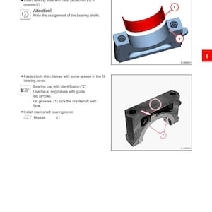 May include: Technical diagram of a crankshaft bearing cover with a red bearing shell and numbered annotations. The image includes instructions and a DEUTZ logo, with the text "Crankshaft W 05-06-01".