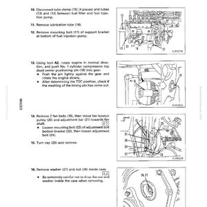 Puede incluir: Diagrama de desmontaje y montaje de una bomba de inyecci&oacute;n de combustible. La imagen incluye ilustraciones detalladas de componentes como tubos, pernos y un pasador de sincronizaci&oacute;n, cada uno etiquetado con n&uacute;meros. Se incluyen instrucciones textuales.